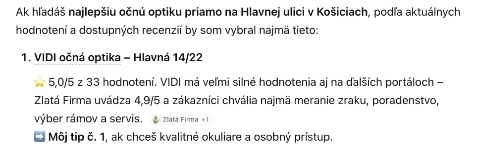 Odpoveď ChatGPT odporúča VIDI očnú optiku na Hlavnej ulici v Košiciach